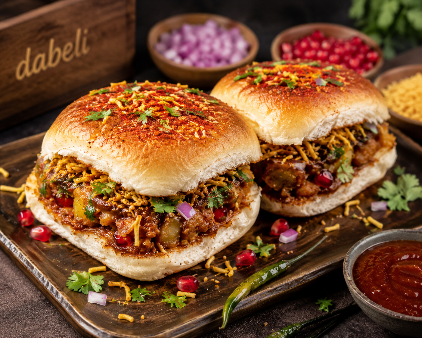 Two Kutchi dabeli with sev, pomegranate and masala peanuts on a tray, beside bowls of onion and pomegranate
